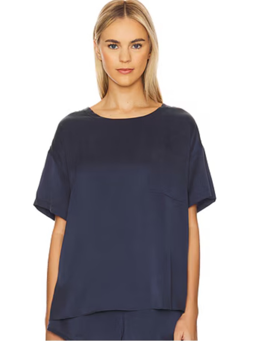 Lunya Washable Silk Boxy Pocket Tee Deep Navy High Low Top L/XL
